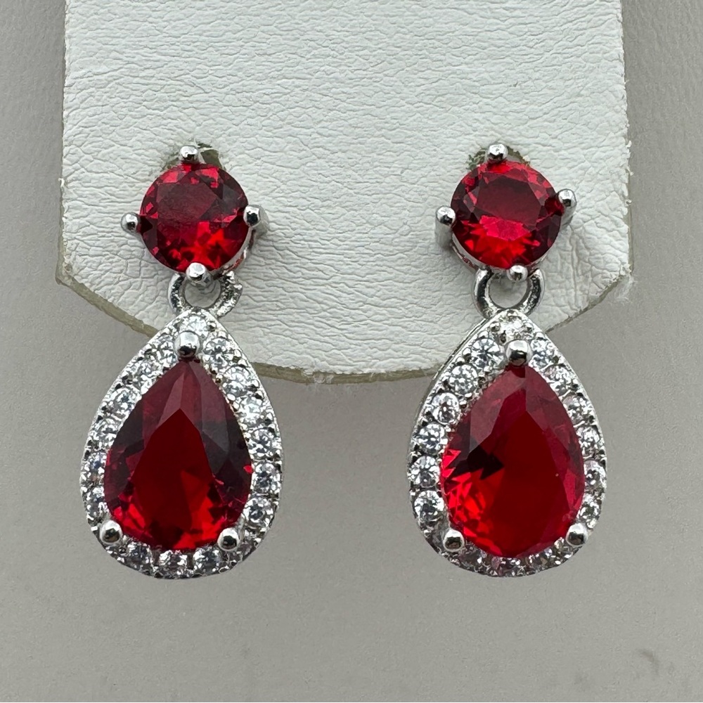 New Silver Plated Red CZ Teardrop Halo Dangle Earrings Sparkly Bridal